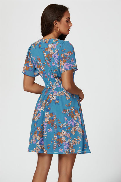 Floral Print Short Sleeve Mini Dress In Blue