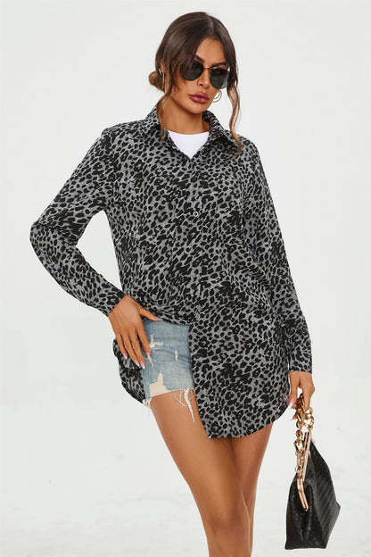 Leopard Print Tunic Shirt In Grey Blue