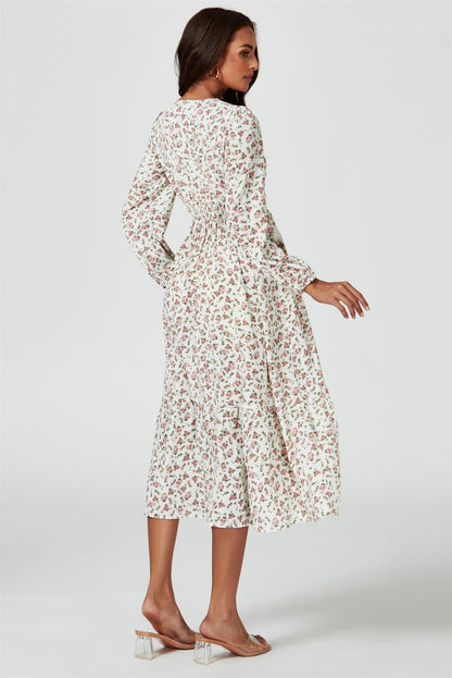 Floral Print Long Sleeve Midi Dress In White