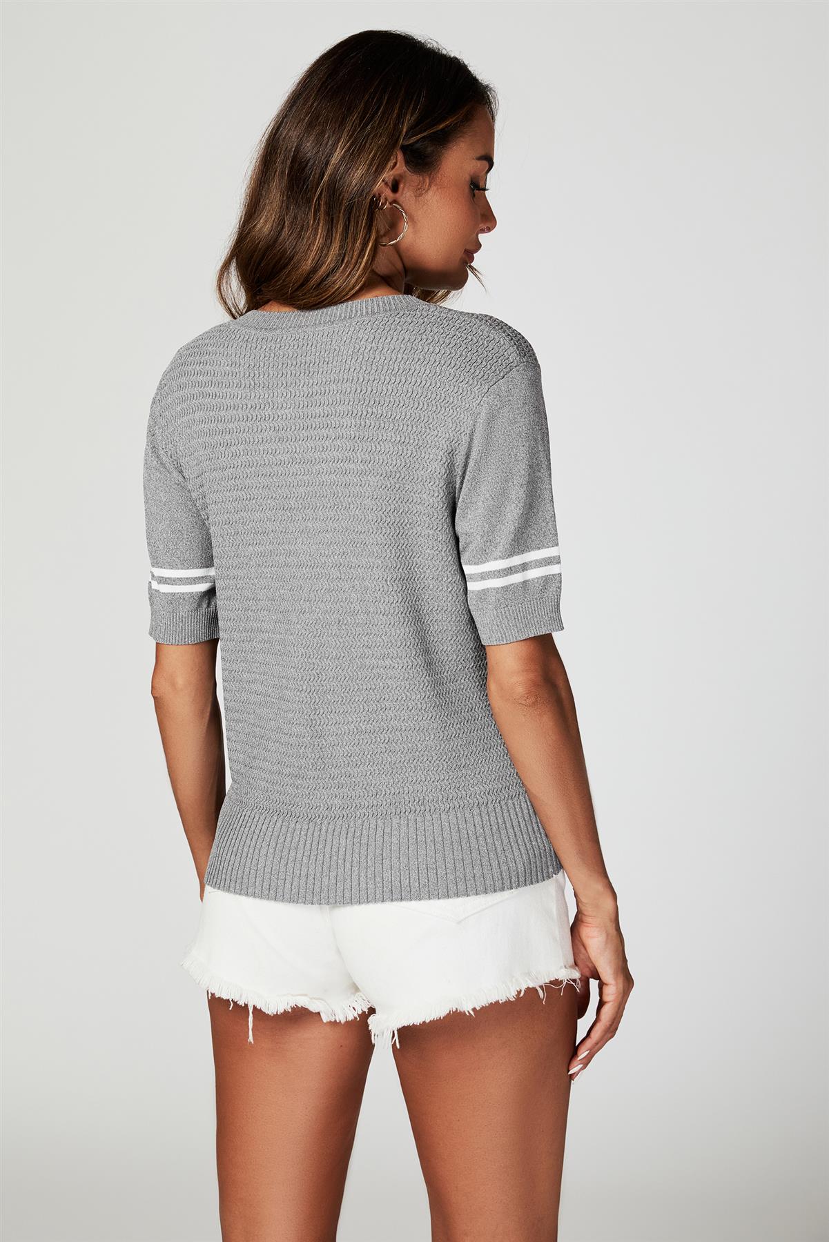 Striped Detail Knitted T-Shirt with Crew Neck In Grey