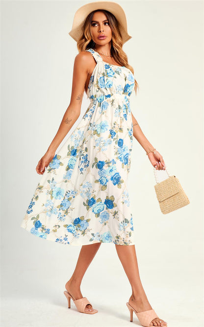 Pretty Flora Print Cross Back Midi Dress In White