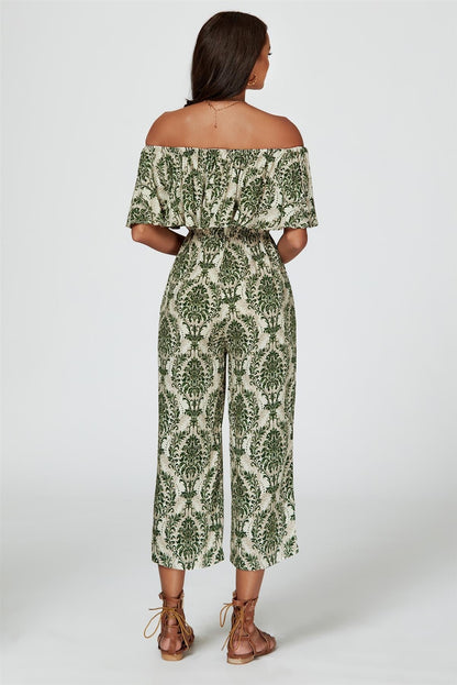 Off The Shoulder Print Frill Jumpsuit In Green