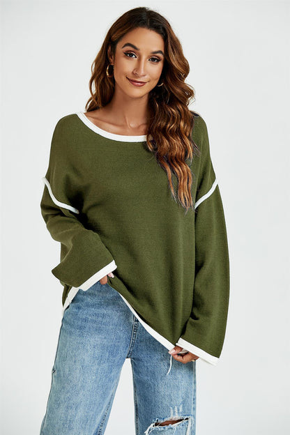 White Striped Oversized Jumper Top In Khaki Green