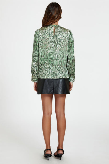 Animal Print Satin Long Sleeve High Neck Top In Green