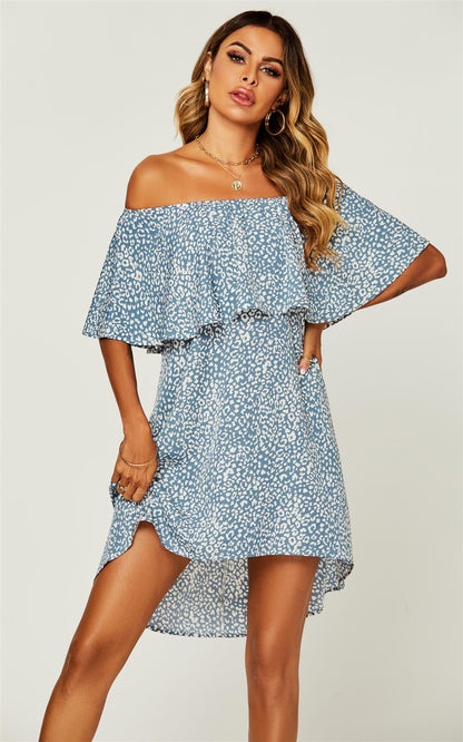 Bardot-Mini-Kleid mit Leopardenmuster & Rüschen in Blau