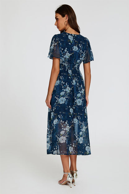Floral Print Midi V neckline Dress In Navy