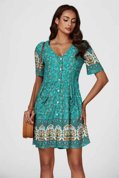 Print Boho Mini Dress In Green