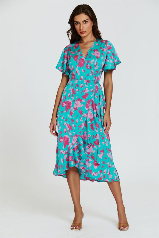 Turquoise & Hot Pink Print Angel Sleeve Wrap Midi Dress