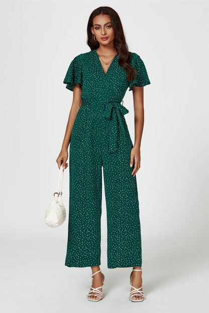 Dot Print Wrap Top Jumpsuit In Green