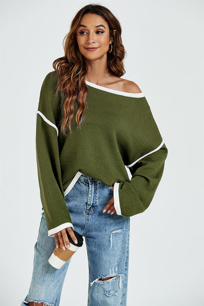White Striped Oversized Jumper Top In Khaki Green