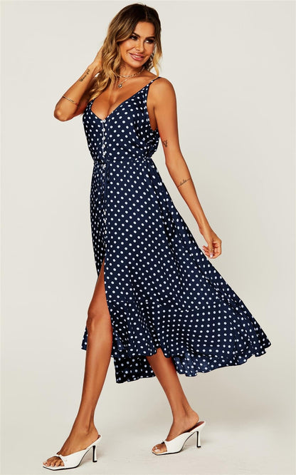 Button Down High Low Strappy Dress In Navy & White Polka Dot