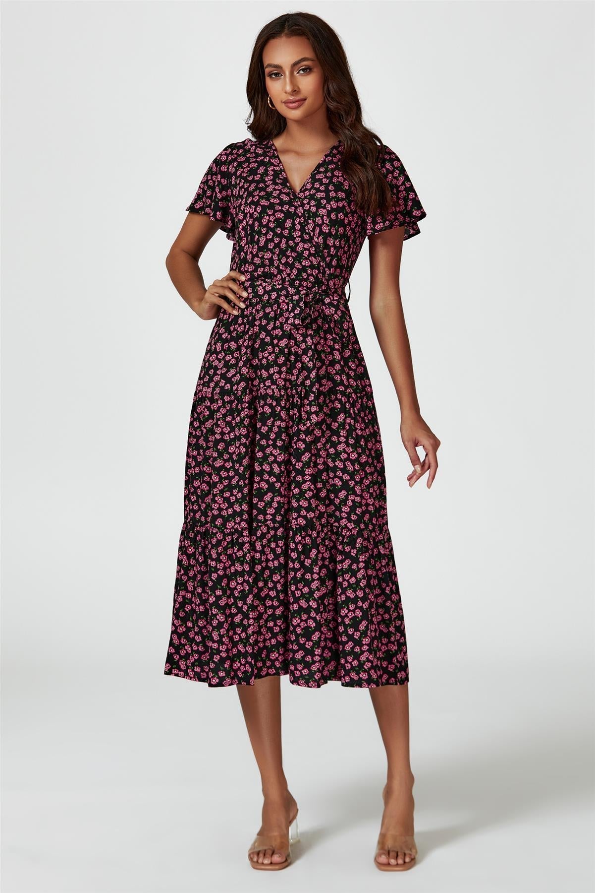Pink Floral Print Wrap Midi Dress In Black