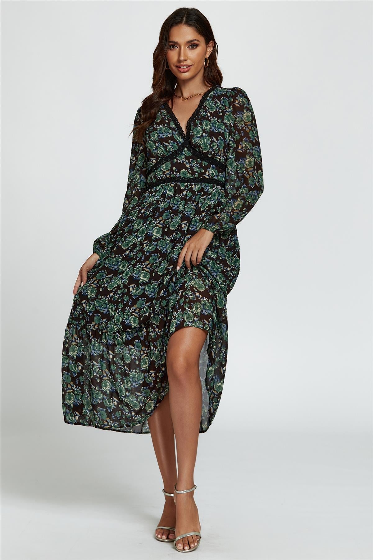 Floral Print Long Sleeve Midi Dress In Brown