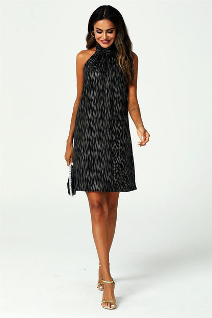 Gold Foil Halter Neck Tie Back Mini Dress In Black