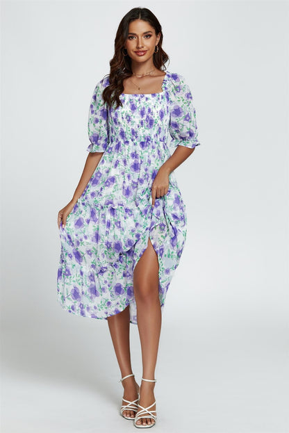 Floral Print Bardot Puff Sleeve Elasticated Detail Midi Dress In White