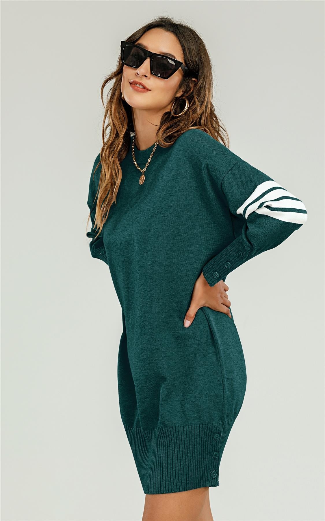 Knitted Tunic Jumper Dress With White Stripe In Dark Green