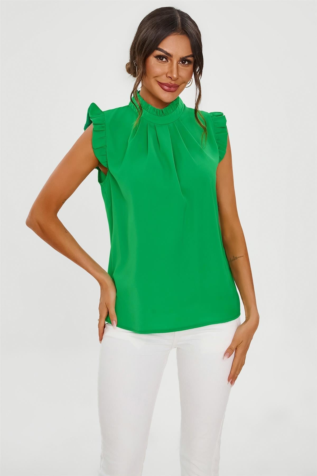 Frill Trim Sleeve High Neck Blouse Top In Light Green