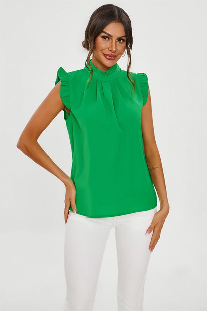 Frill Trim Sleeve High Neck Blouse Top In Light Green