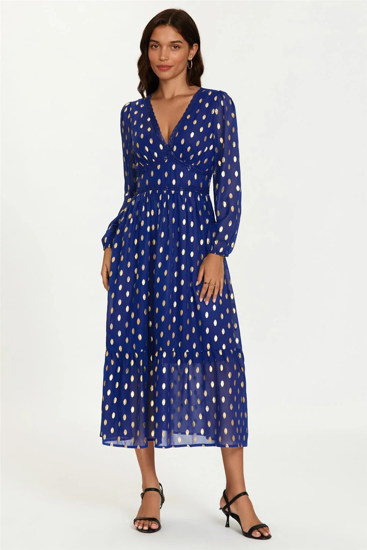 Lace Trim Foil Long Sleeve Maxi Dress In Royal Blue