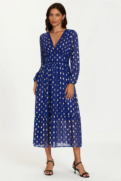 Lace Trim Foil Long Sleeve Maxi Dress In Royal Blue