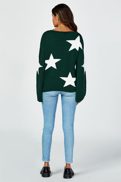 Wide Sleeve Oversize Dark Green Jumper With White Star