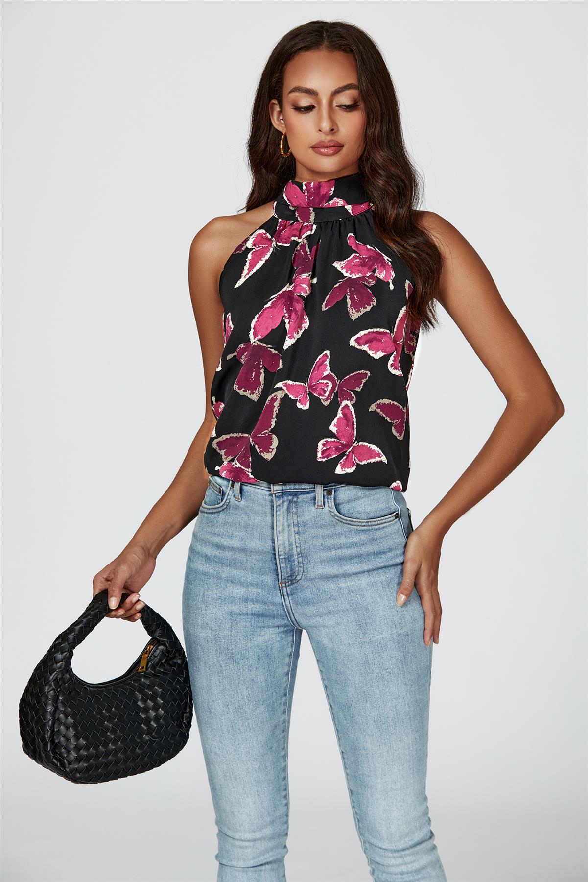 Butterfly Print Halter Neck Tie Back Top In Black