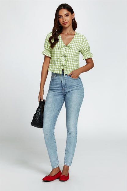 Check Print Tie Front Top In Green