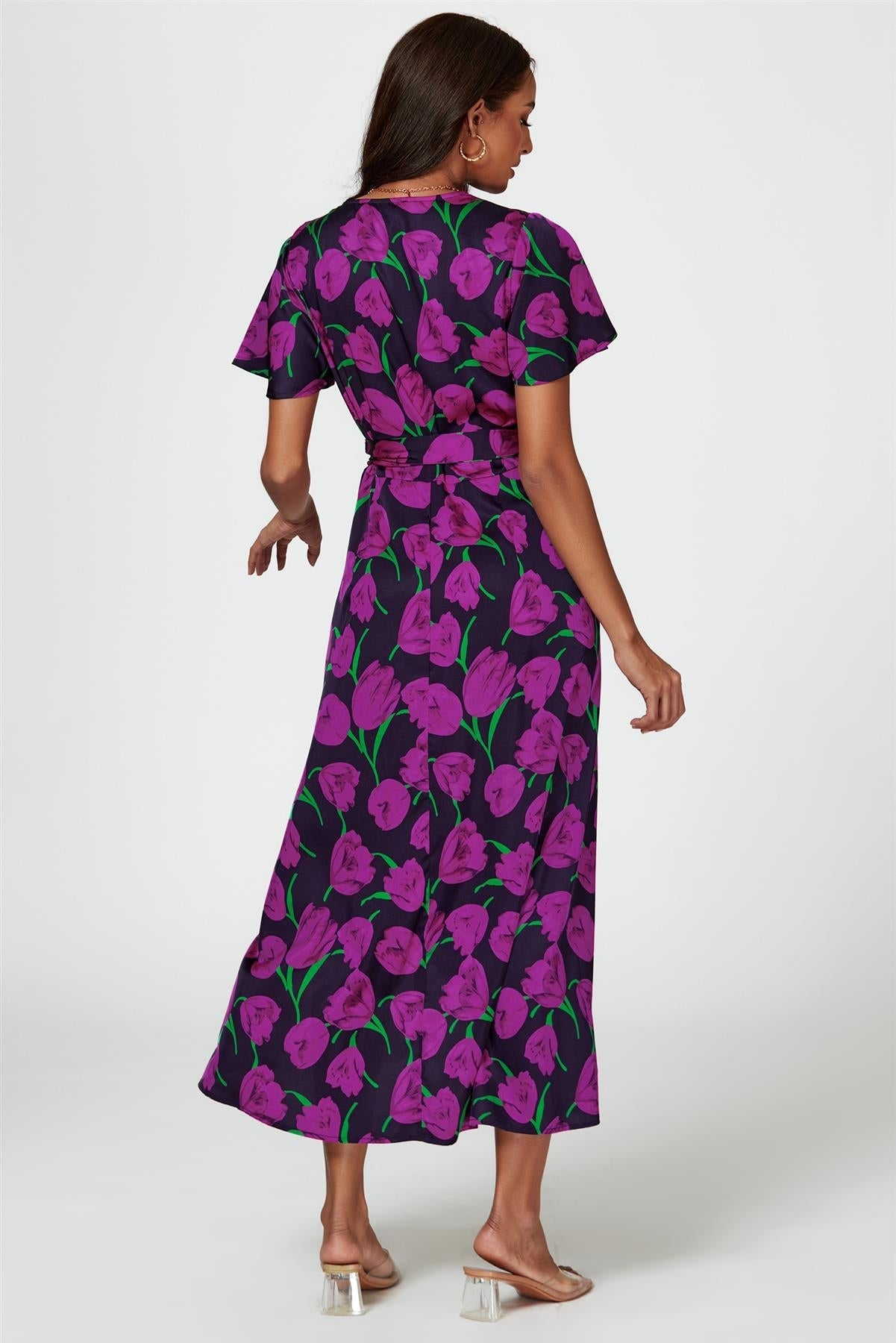 Floral Print Satin Wrap Maxi Dress In Magenta