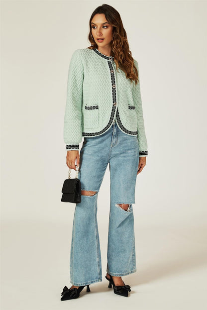 Pocket Knit Cardigan In Grey Green