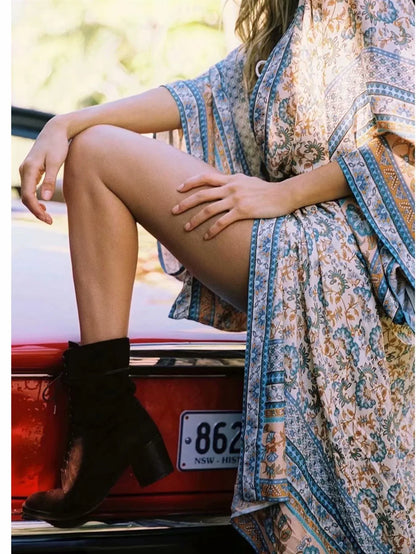 Relaxed Cotton Kimono In Blue Floral