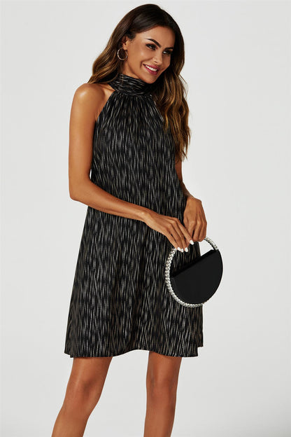 Gold Foil Halter Neck Tie Back Mini Dress In Black