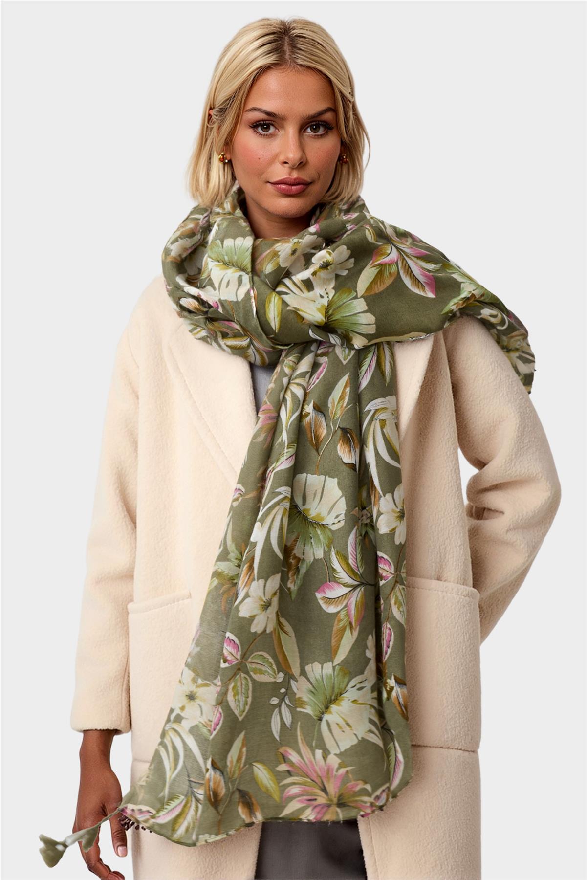 Leaf Floral Print Tassel Scarf In Olive Green
