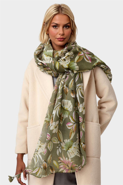 Leaf Floral Print Tassel Scarf In Olive Green