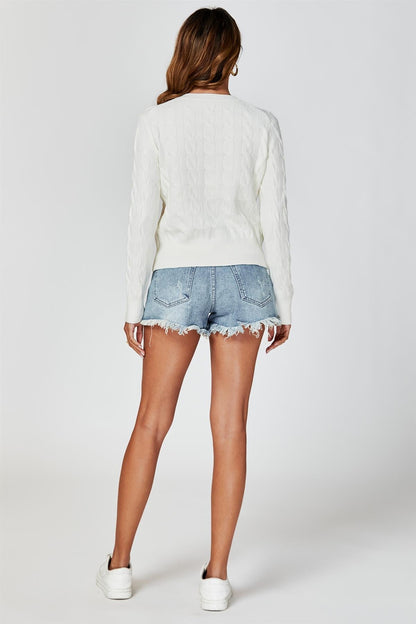 Cable-Knit Crewneck Cardigan In Cream