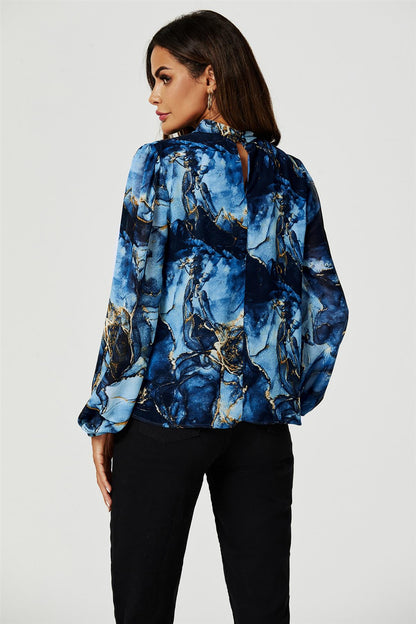Marble Print Long Sleeve High Neck Top In Navy