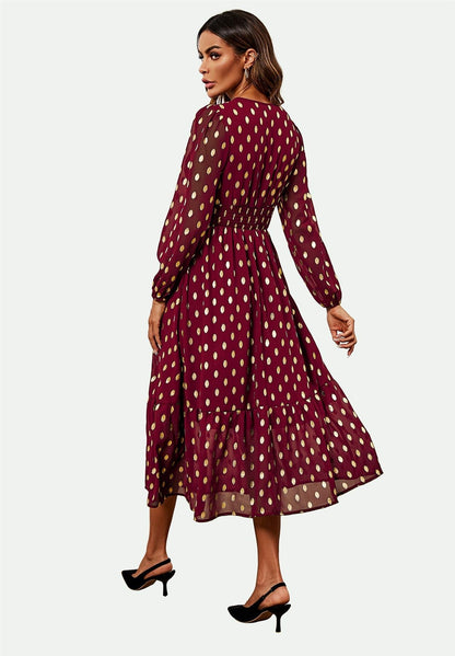 Lace Trim Foil Long Sleeve Maxi Dress In Wine