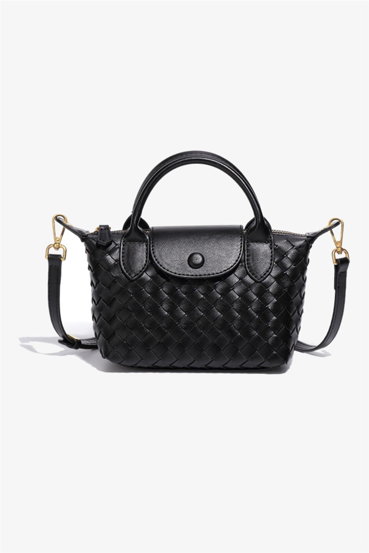 Mini-Handtasche mit Flechthenkel in Schwarz