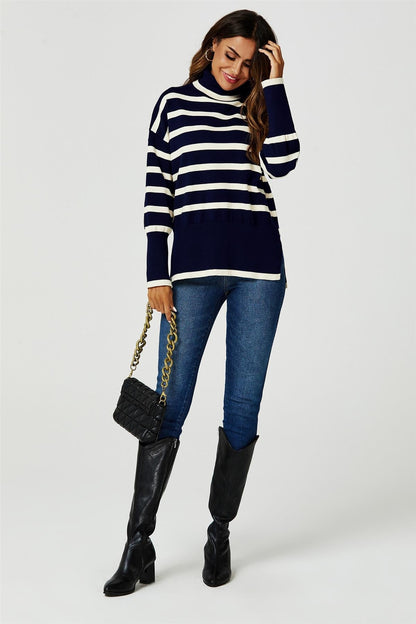 Stripes Pattern Turtleneck Jumper Top In Navy