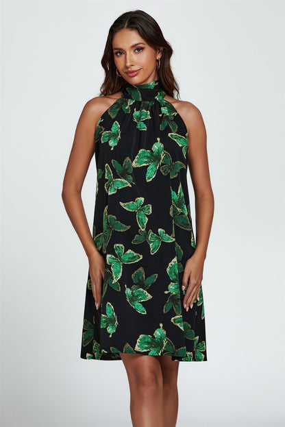 Butterfly Print Halter Neck Tie Back Mini Dress In Green