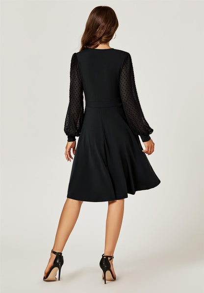 Long Chiffon Sleeve Pleated Midi Dress In Black