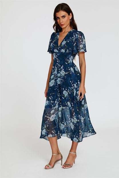 Floral Print Midi V neckline Dress In Navy