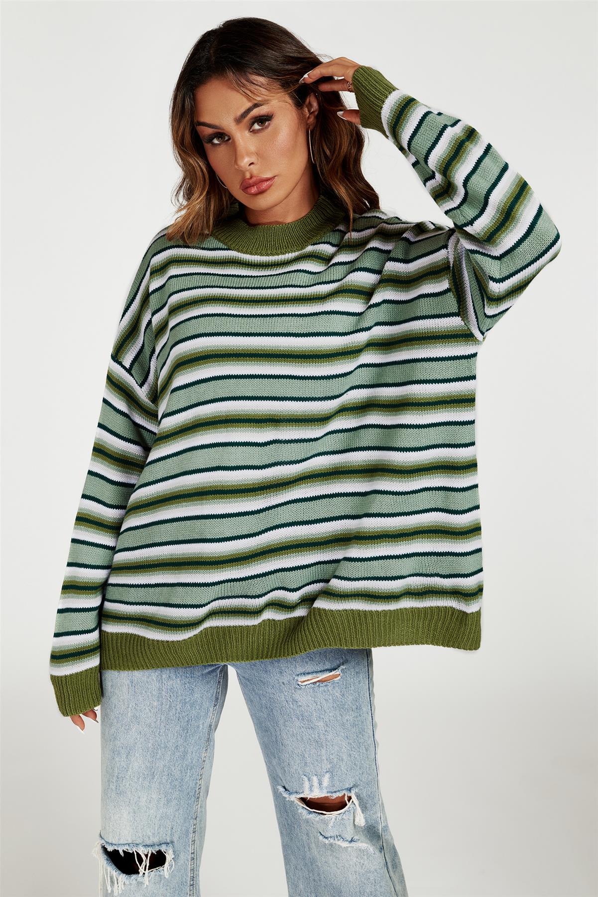 Stripe Block Relaxed Knit Jumper Top In Green