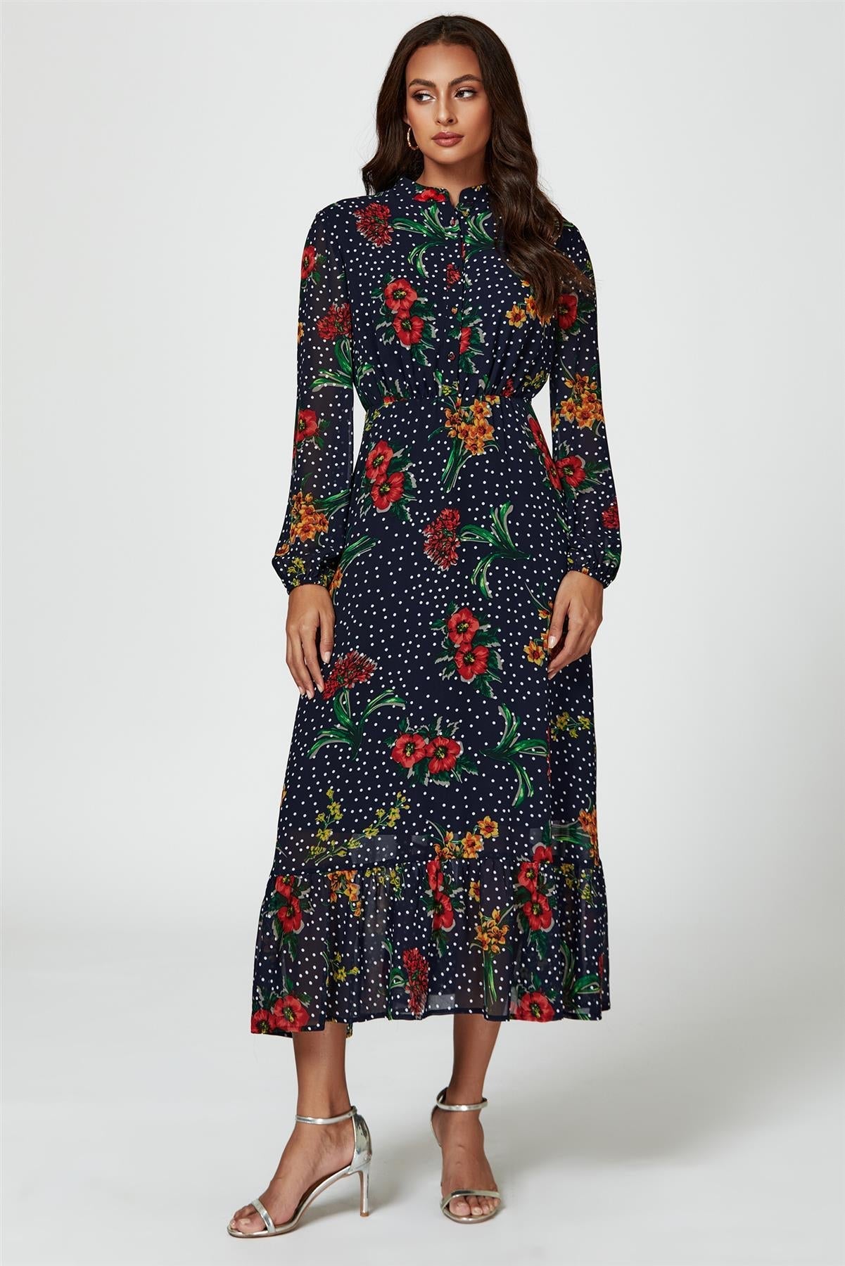 Floral Dot Print Maxi Dress In Navy