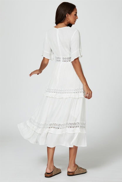 V Neck Lace Detail Midi Dress In White