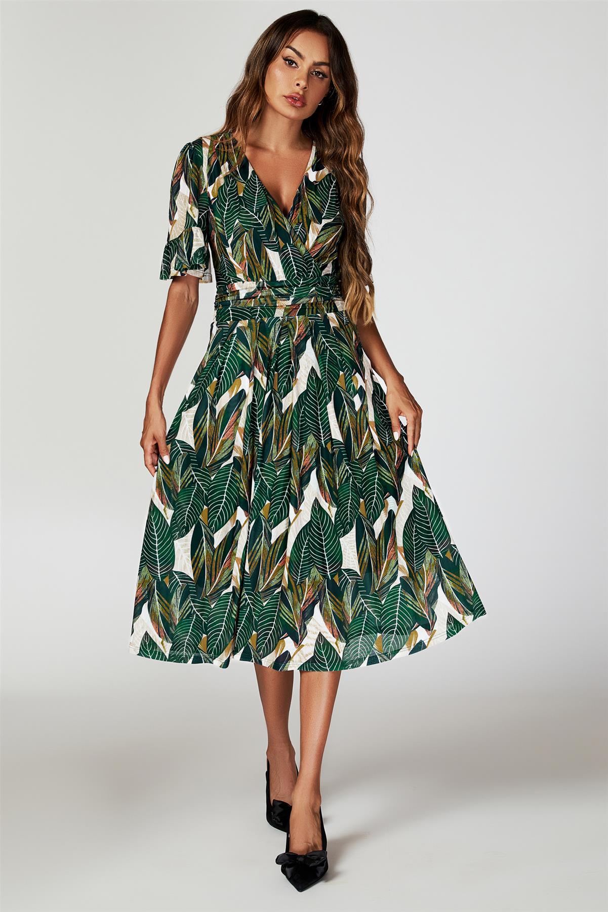 Midi-Kleid aus Mesh mit Blätterdruck in Grün