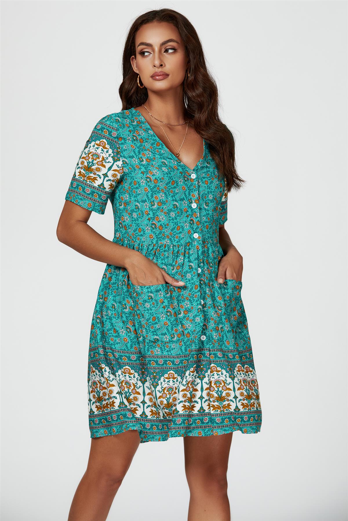 Print Boho Mini Dress In Green
