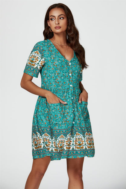 Print Boho Mini Dress In Green