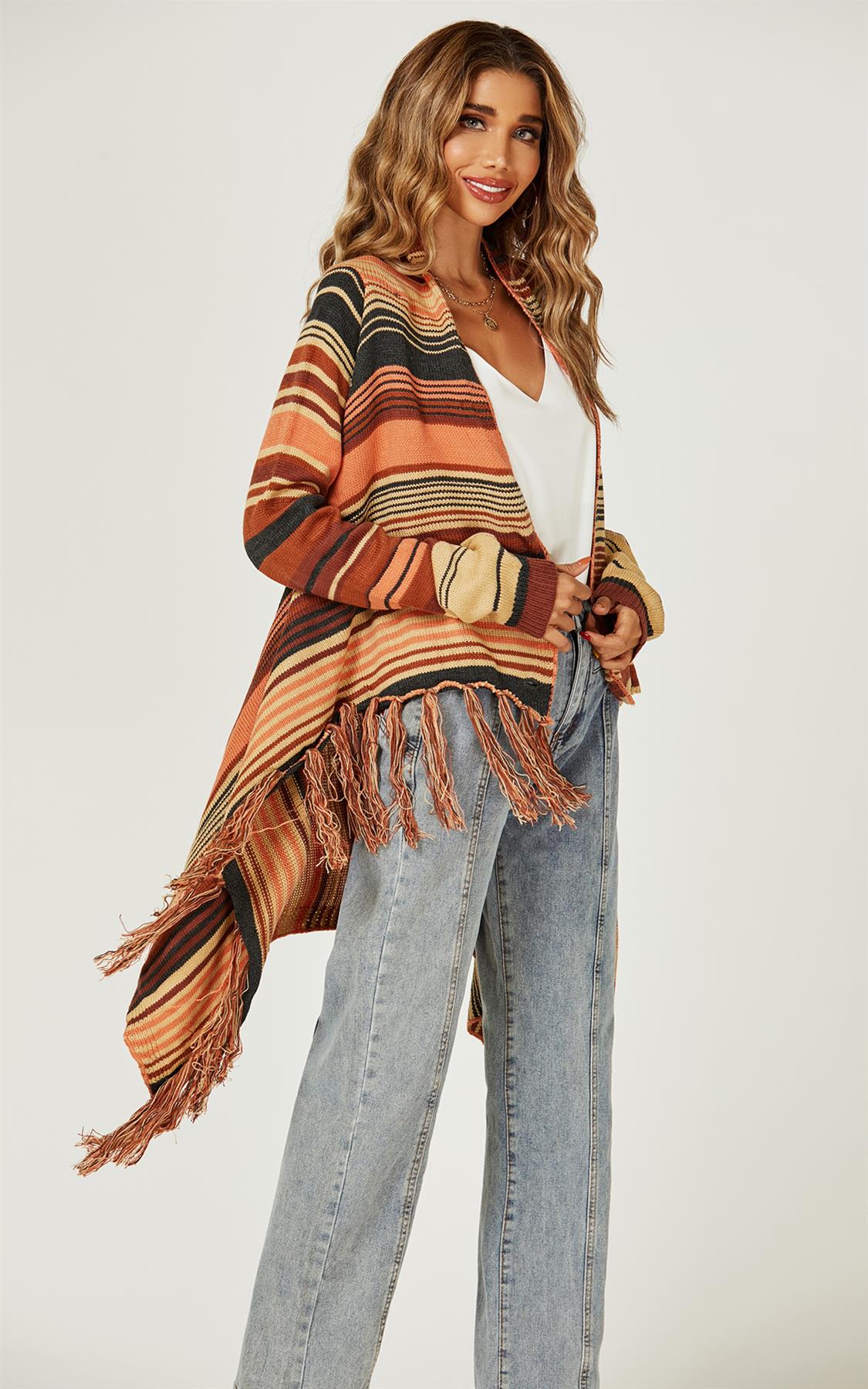 Fringes Detail Cardigan In Rusty Red & Orange & Black