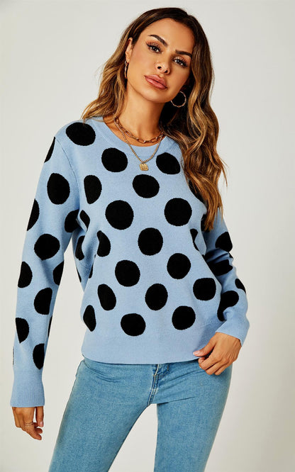 Strickpullover mit schwarzem Polka-Dot in Blau