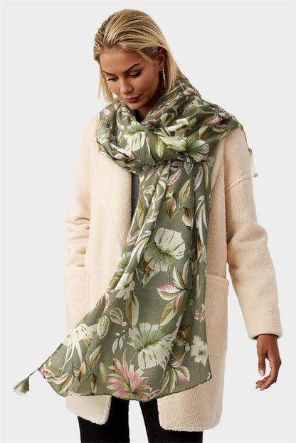 Leaf Floral Print Tassel Scarf In Olive Green